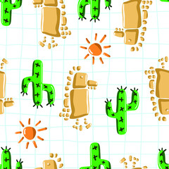 Dinosaur, cactus, sun made from stones. Funny stone age seamless pattern. Uncommon baby design in green, orange, send color vector illustration on school quad ruled sheet background for kids clothing