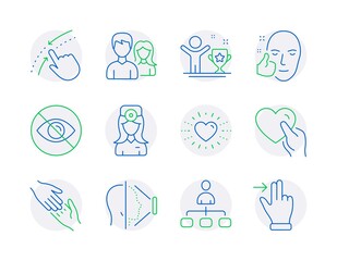 People icons set. Included icon as Management, Not looking, Helping hand signs. Oculist doctor, Couple, Hold heart symbols. Swipe up, Face id, Heart. Winner cup, Healthy face line icons. Vector