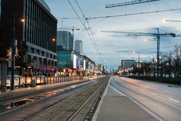 Fototapeta na wymiar Warsaw, Poland - February 2, 2020: Street view of Central part of Warsaw, Poland