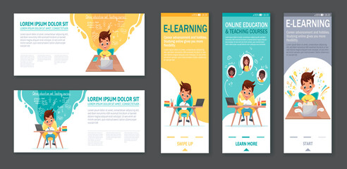 Vector set of onboarding screens for mobile apps and Banners with Tutorials, Study program, Online learning. Cute cartoon boy sits at table study online from home. Vector cartoon illustration