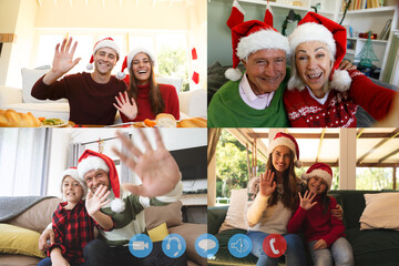 Four screens showing people wearing santa hats having video chat interacting with friends
