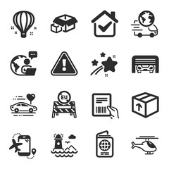 Set of Transportation icons, such as Passport, Packing boxes, Package symbols. Delivery service, Air balloon, Parcel invoice signs. Parking garage, Lighthouse, Flights application. Vector