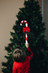 Child decorating the tree seen from behind