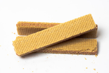 Isolated vanilla wafer snack stack on white background