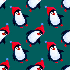 Winter seamless pattern with cute penguin character. Pinguin in a red hat on dark green background. Watercolor illustration for Christmas or New year celebration.