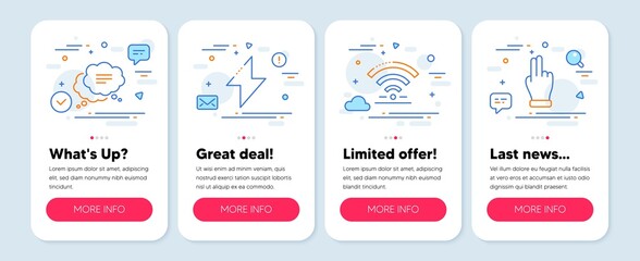 Set of Business icons, such as Wifi, Text message, Energy symbols. Mobile app mockup banners. Click hand line icons. Wireless internet, Chat bubble, Thunderbolt. Direction finger. Wifi icons. Vector