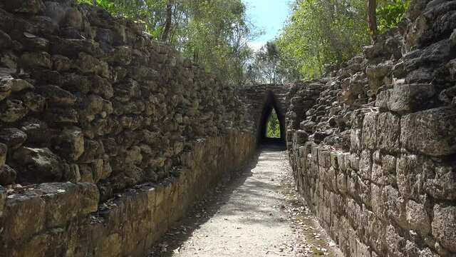 Arched narrow passage at Becan Mayan Ruins. Campeche, Mexico.