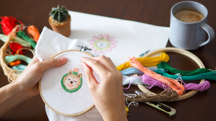 hand craft embroidery art woman hobby shiba dog flower pattern handmade selected focus