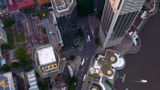 View Of Waterfront Buildings Along Eagle Street In Brisbane City, Queensland - aerial top-down