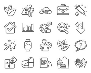 Science icons set. Included icon as Hold document, Quick tips, Medical syringe signs. Smartwatch, Employee hand, Energy drops symbols. Report diagram, New products, Medical drugs. Puzzle. Vector