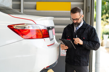 Accident Inspector Inspect damage car caused by car crash on the road. Car insurance agent...