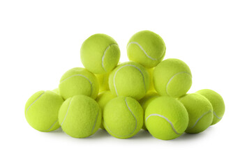 Heap of tennis balls on white background. Sports equipment