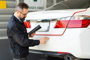 Accident Inspector Inspect damage car caused by car crash on the road. Car insurance agent...