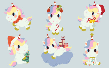 The collection of cute unicorn with christmas costume theme in flat vector style. 
Graphic resource for graphic,content , banner, sticker label and greeting card.