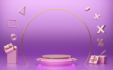 Podium empty with geometric shapes  in purple or violet composition for modern stage display and minimalist mockup ,abstract showcase background ,Concept Cost calculation, 3d illustration or 3d render