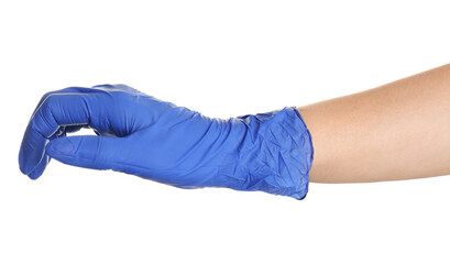 Woman in blue latex gloves holding something on white background, closeup of hand