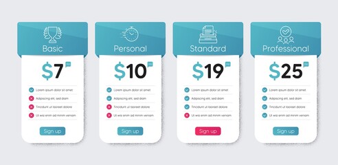 Typewriter, Timer and Winner line icons set. Price table chart, business plan template. Approved group sign. Writer machine, Deadline management, Sports achievement. Teamwork. Education set. Vector