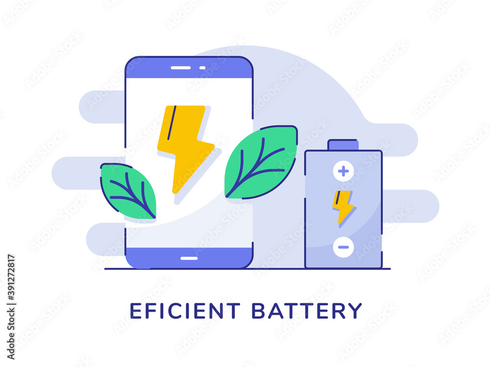 Poster efficient battery lightning leaf smartphone white isolated background with flat outline style