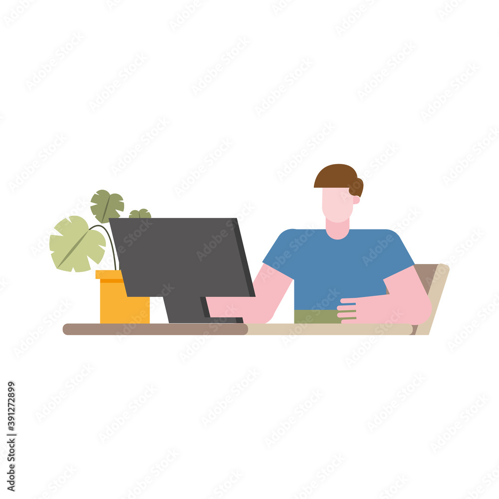 Poster man with computer at desk working from home vector design