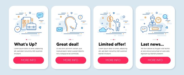 Set of People icons, such as Head, Vacancy, Income money symbols. Mobile screen mockup banners. Presentation time line icons. Human profile, Hiring job, Wealth. Report. Head icons. Vector