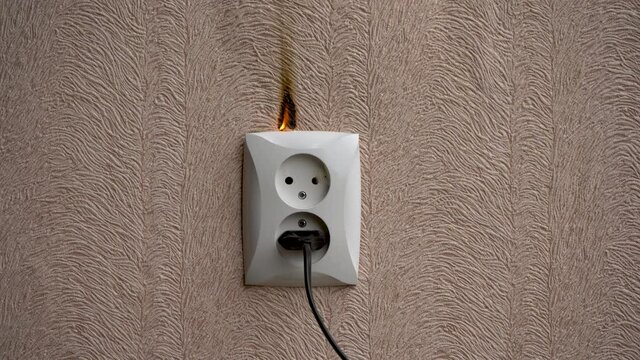Close-up. Smoke comes from a faulty outlet in the apartment. The concept of the start of a fire in the house. Overheating of the electrical contact, leading to fire and damage.