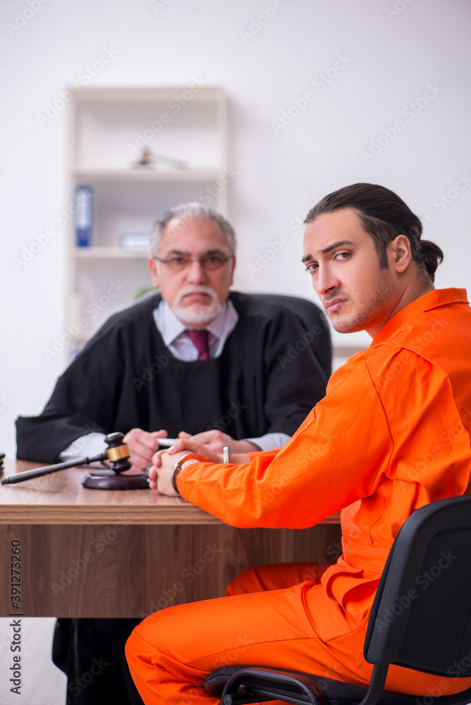 Wall mural old male judge meeting with young captive in courthouse