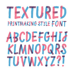 Hand drawn textured printmaking style ABC letters.