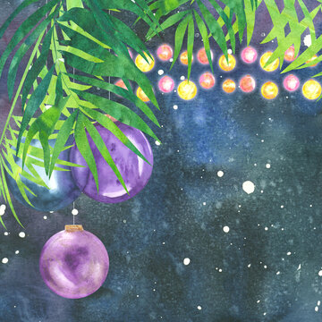 f tropical christmas night with palm leaves decorated with glass balls