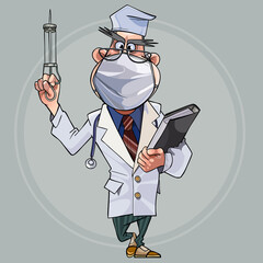 cartoon doctor in medical mask with folder and syringe in hand
