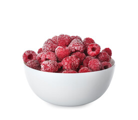 Tasty frozen raspberries in bowl isolated on white