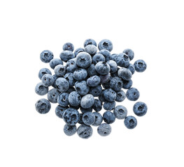 Heap of tasty frozen blueberries on white background, top view