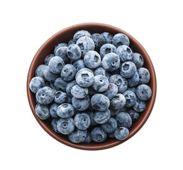 Tasty frozen blueberries in bowl isolated on white, top view