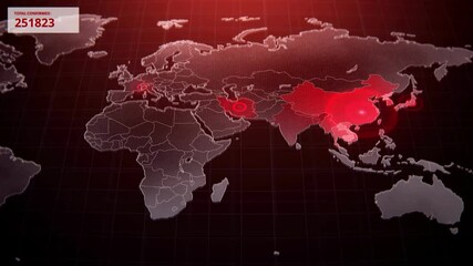 Global map of Covid-19 spread animation, virus infection from China to world  - Powered by Adobe