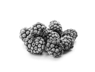 Heap of tasty frozen blackberries on white background