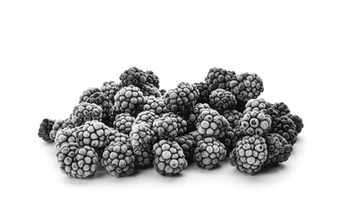 Heap of tasty frozen blackberries on white background