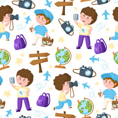 Plakat Travel seamless pattern cartoon, traveling cute baby boy and vacation things - camera, suitcase, globe, paper plane, backpack, road pointer - vector backgroundor scrapbook digital paper