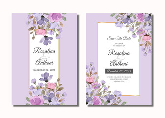 Wedding invitation card with purple floral watercolor