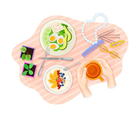 Table Setting Above View with Meal Served on Plate and Hands Holding Cup with Hot Tea Vector Illustration