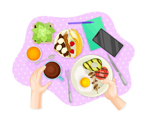 Table Setting Above View with Hands Holding Plate with Grilled Vegetables with Smartphone Rested Nearby Vector Illustration