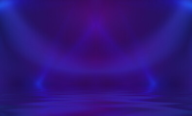 Abstract dark futuristic background. Ultraviolet multicolored beams of neon light reflect off the water. Background of empty stage show, beach party. 3d illustration