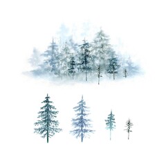 set of christmas trees and watercolor christmas illustration winter forest, hand painted nature winter holidays on white background close up