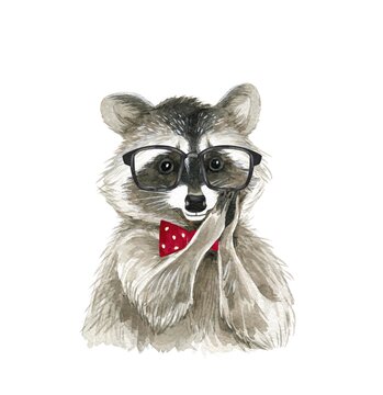 cute raccoon with glasses and bow tie watercolor illustration on white background. hand painted forest animal
