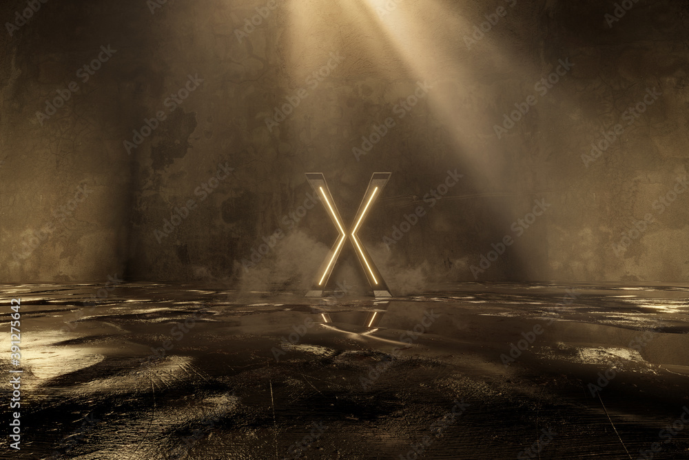 Poster 3d rendering of framed lighten x alphabet shape with light rays on grunge floor