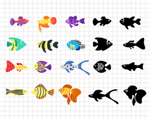 Fototapeta premium Aquarium fish isolated on the transparent background. Sea animal. Black silhouettes. Vector Flat illustration. Suitable for cutting software. Cricut, Silhouette