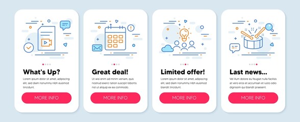 Obraz premium Set of Education icons, such as Calendar, Video file, Business idea symbols. Mobile screen mockup banners. Drums line icons. Event reminder, Vlog page, Meeting people. Drumsticks. Vector