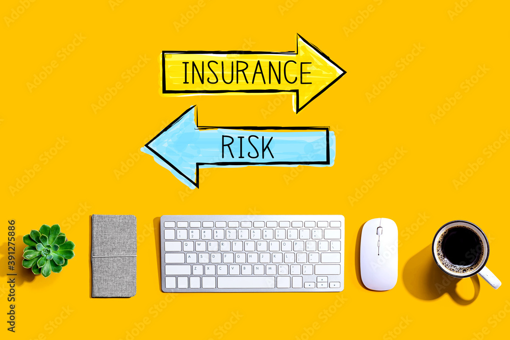 Poster insurance or risk with a computer keyboard and a mouse