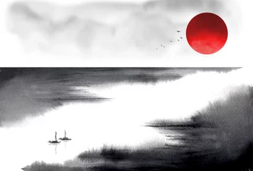 Poster Minimalistisch inktwas schilderij landschap met vissersboten op grote rivier. Traditioneel Japans inktwas schilderij sumi-e. © elinacious
