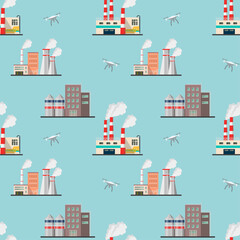 Fototapeta premium Vector seamless pattern of drones inspecting industrial power plants. Smart technologies