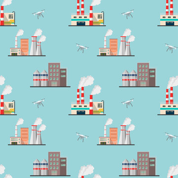 Vector seamless pattern of drones inspecting industrial power plants. Smart technologies