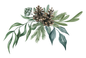 Watercolor composition with green winter leaves, branches, berries, eucalyptus, pine cone. Christmas bouquet isolated on white background. Aesthetic illustration for wedding, business card, promotions